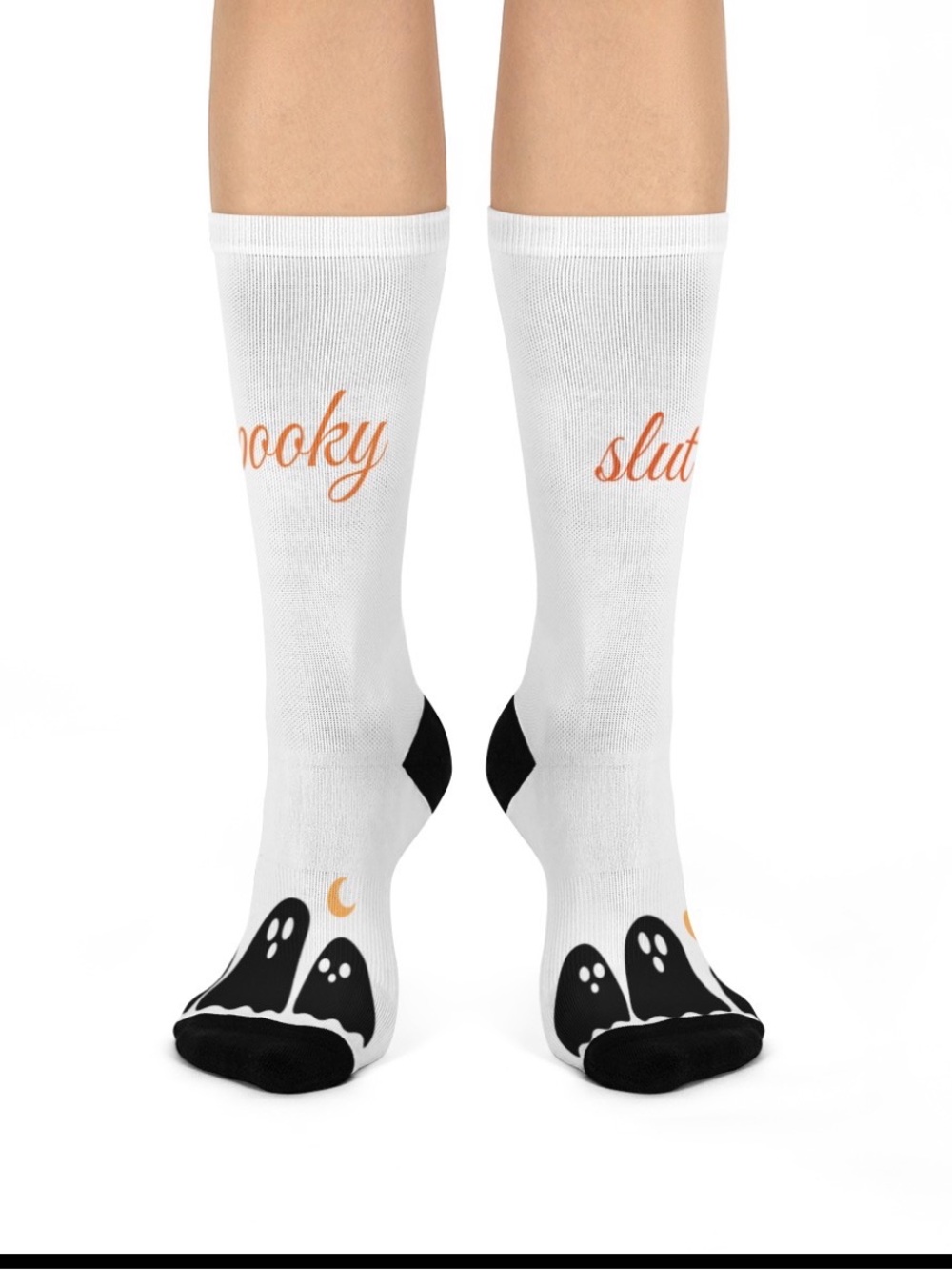 Spooky Slu White Ghost Graphic Knee-High Socks with Orange Script